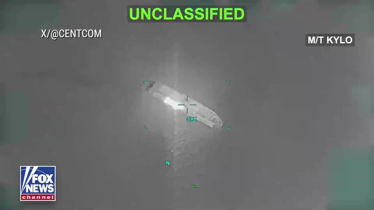 WATCH: The M/T Kylo plunges beneath the Gulf of Oman as U.S. forces sink the vessel in a dramatic operation. "Thanks to the precision and professionalism of American service members, the M/T Kylo sank in the Gulf of Oman today and joined Iran’s navy at the bottom of the sea," CENTCOM said.