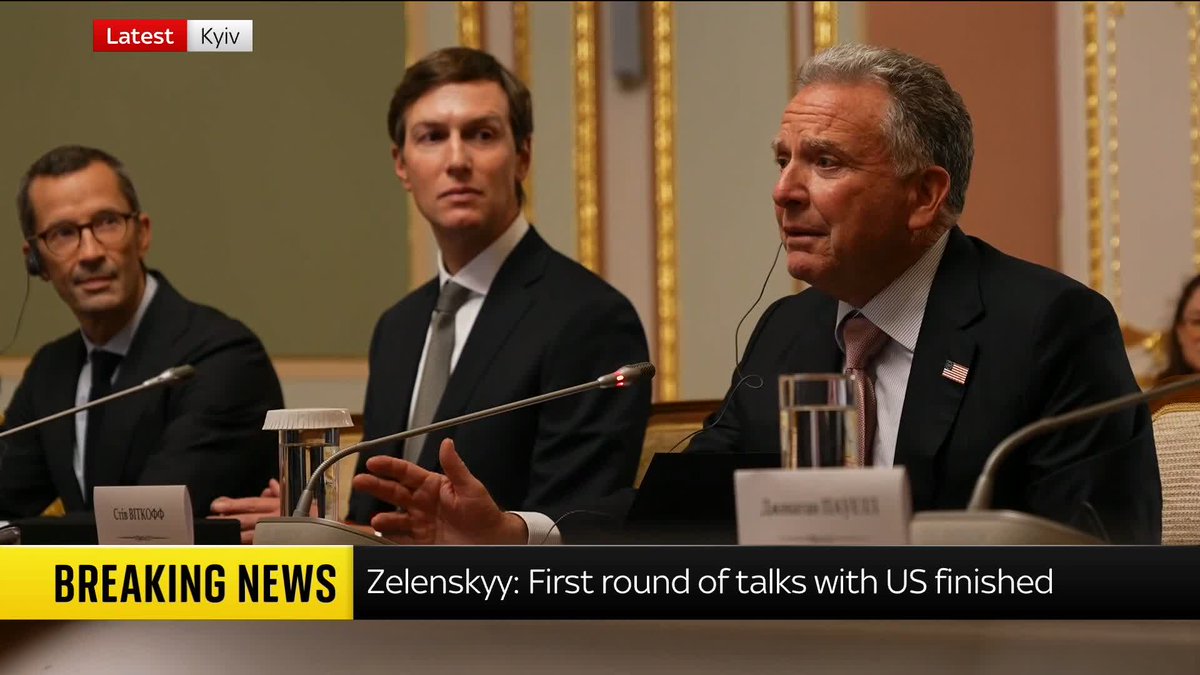 US envoys Steve Witkoff and Jared Kushner speak after their first round of talks with President Zelenskyy in Kyiv. Mr Witkoff says the discussion was "meaningful" and "substantive", adding that "we're very encouraged". Latest: 📺 Sky 501 and Virgin 602