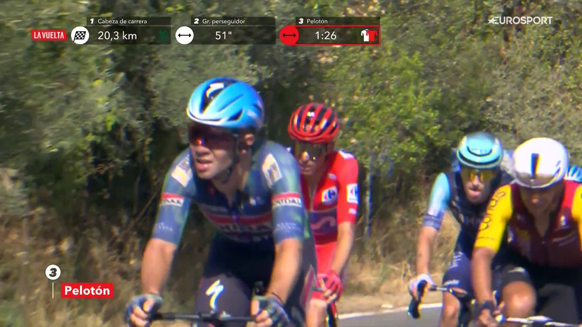 ❗ No hay día tranquilo: Enric Mas, sin compañeros en el pelotón. #LaVuelta26 #LaCasadelCiclismo