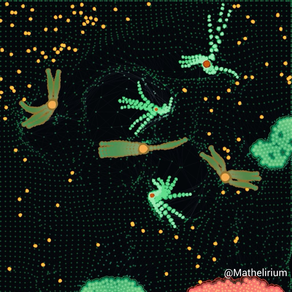 This is one of my favourite experiments so far. An entire synthetic ecology built from Mathematics and Physics. The organisms move through coupled dynamical systems, chemotaxis, stochastic motion, spring networks, constrained mechanics and collision dynamics.