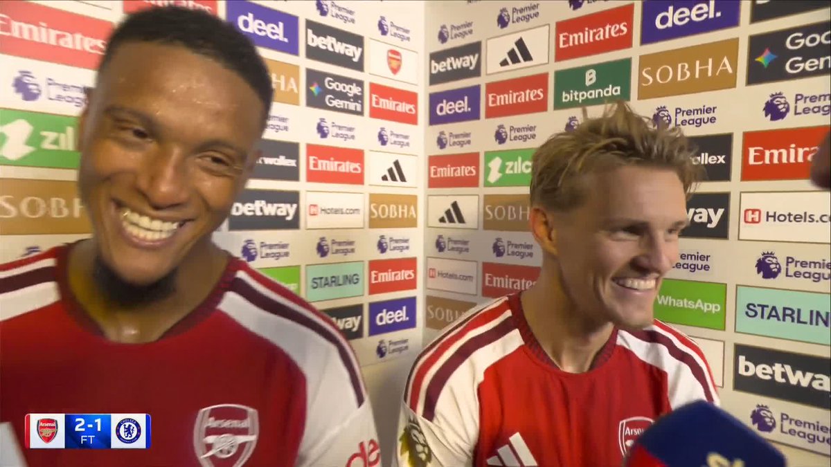 "I'm always smiling, I'm just a happy fella" 😅 Martin Ødegaard and Ezri Konsa are delighted after Arsenal turn it around to beat Chelsea 2-1.