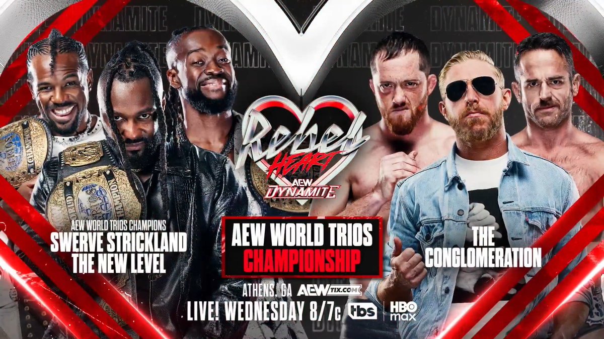 Rebel Heart #AEWDynamite - 8/7c TBS & HBO Max, This Wed AEW World Trios Title @SwerveConfident/Austin Creed/KOFI vs @OrangeCassidy/@KORCombat/@RoderickStrong The Conglomeration want backpacks full of gold! They get their chance vs Swerve & The New Level, THIS WEDNESDAY!