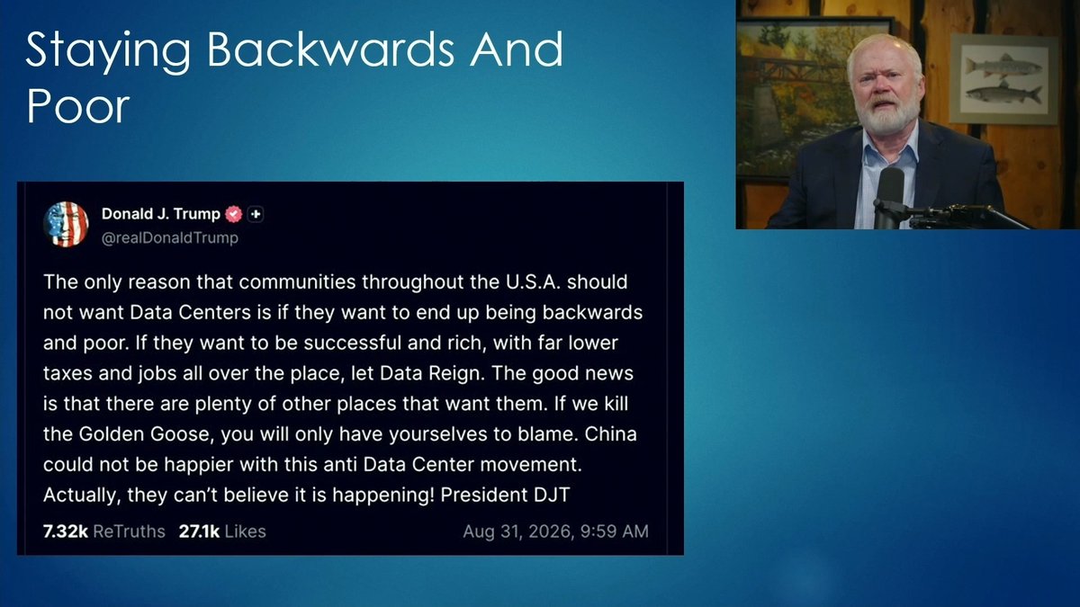 Trump says, "The only reason the communities throughout the USA should not want data centers is if they want to end up being backwards and poor." Why is it always about the money? There are lots of reasons communities may not want data centers. Maybe they don't want grid instability, the constant low-cycle hum, high-frequency buzzing, or depleted water tables. Full report: