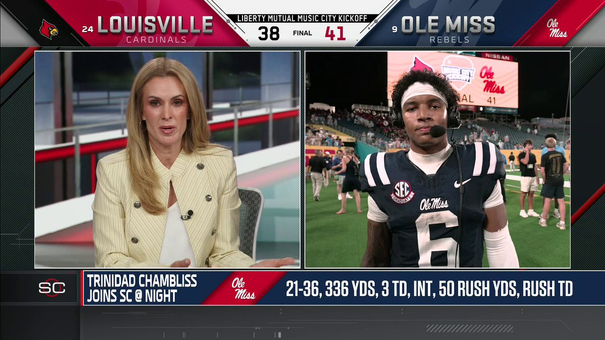 "We fought until the end, so just happy we got the win." Trinidad Chambliss joins SportsCenter following Ole Miss' 41-38 win vs. Louisville 🏈
