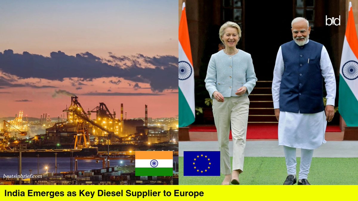 🚨 INDIA EMERGES AS KEY DIESEL SUPPLIER TO EUROPE 🇮🇳 India supplied around 60% of the diesel and gasoil that passed through the Bab-el-Mandeb toward 🇪🇺 Europe in August, according to Vortexa data. Around 200,000 barrels per day transited the route, as 🇷🇺 Russian diesel exports remained severely constrained and US shipments to Europe fell from about 540,000 bpd to 350,000 bpd during August. 🇮🇳 India, the world’s fourth-largest refining hub with 258.1 million tonnes of annual capacity, is increasingly filling Europe’s fuel supply gap.