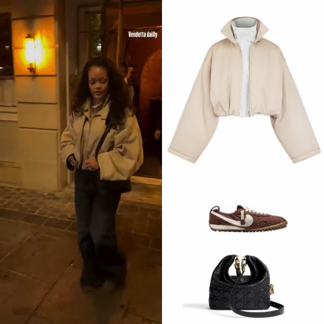 Rihanna was seen leaving César Restaurant in Paris last night wearing a $4,450 ALAÏA Layered Bomber Jacket and $594 Nike x Jacquemus Moon Sneakers. She carried her $4,800 Small Dior Toujours Hobo Bag.