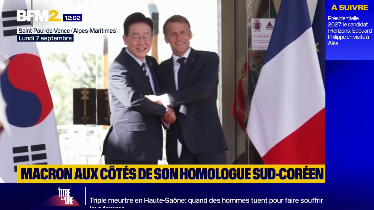 Emmanuel Macron arrive au sommet international sur l'avenir du cinéma à Saint-Paul-de-Vence, accompagné de son homologue sud-coréen, Lee Jae Myung #BFM2