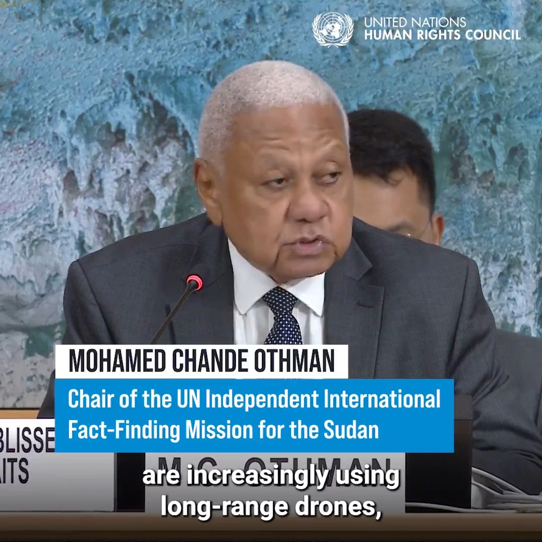 In #Sudan, advanced weapons, such as drones, sustained by external support have fueled the conflict, the Fact-Finding Mission for the Sudan told the United Nations Human Rights Council. "This senseless war must end," said Mohamed Othman, calling all States to halt military support. #HRC63