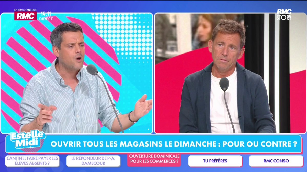 🛒 Ouvrir tous les magasins le dimanche 🎙️ Daniel Riolo : "Mais on fait ce qu'on veut ! Le commerçant fait ce qu'il veut ! C'est incroyable de vouloir imposer son modèle aux autres !" 🎙️ Estelle Denis : "Mais Daniel c'est ce que vous faites à longueur d'émission"