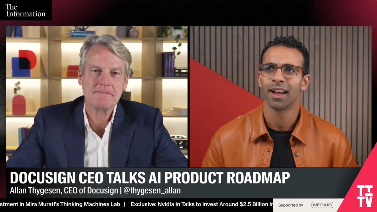 AI agents can now execute simple contracts through DocuSign. @DocuSign CEO Allan Thygesen: "Many tens of thousands of customers have access to this now. And you can absolutely build an agent to execute a simple contract."