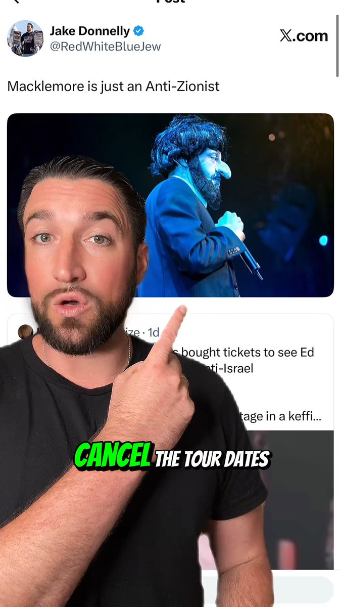 Robert Kraft should cancel Ed Sheeran’s Gillette Stadium dates on September 25 and 26, and replace it with a NOVA Fundraiser featuring: Noa Kirel David Draiman 🟦🇺🇸🇮🇱✡️☮️ Dana International Omer Adam Static and Ben El Offer Nissim Stephane Legar Eden Golan Yuval Raphael Noam Bettan Alon Ohel John Ondrasik Because Macklemore—a bigoted clown who has dressed in despicable Jew Face—glorified October 7th with his anthem “Hind’s Hall” as part of his opener for Ed Sheeran, replete with “Free Palestine” chants. Look at his own lyrics, where he explicitly excuses atrocities under the banner of historical struggle, rapping: 🎶“Who gets the right to defend and who gets the right of resistance / Has always been about dollars and the color of your pigment..." 🎶 He then attempts to rationalize modern terrorism by declaring, 🎶 “History been repeating for the last seventy-five / The Nakba never ended, the colonizer lied."🎶 But that is NOT what the Nakba meant. When Syrian intellectual Constantin Zureiq coined the term in 1948, he pleaded for the Arab world to engage in deep introspection so as to not make the same catastrophic future mistakes. It’s actually people like Macklemore who get more Palestinians killed, but don’t let his virtue signaling run up against facts. By completely ejecting Zureiq's original framing, Macklemore weaponizes the term, refuses the self-reflection Zureiq begged for, and actively perpetuates ongoing violence. And yet he’s scheduled to perform at the exact location of the Blue Square Alliance Against Hate. If the organization stands against hate, it must stand against Macklemore (and Ed Sheeran). It’s a simple scenario with only one right conclusion: ban Macklemore from Gillette and cancel the Ed Sheeran shows if he refuses to drop him. Not only is this the right thing to do, it’s the Jewish thing to do.