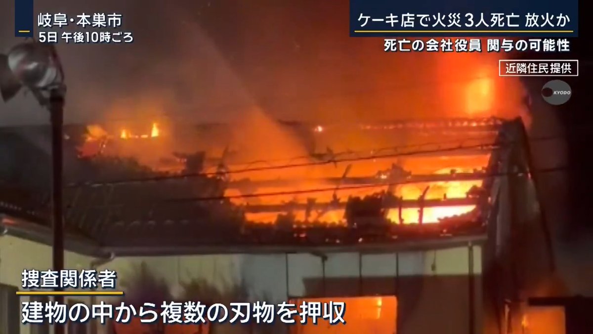 【3人死亡のケーキ店火災】死亡の会社役員が関与か | 5日夜、岐阜・本巣市のケーキ店兼住宅で放火とみられる火事があり、男女3人が死亡 当時、2階ではケーキ店店主(66)の中学時代の同級生らが集まり、麻雀などをしていたという ▼『人が刺された、ガソリンをまいている』110番通報 近くの住人 「距離があって聞き取れなかったが、男性が怒鳴っていた。そして女性が『キャー』と。けんかとしてはちょっと異常だなって」 「女性の声がした、『助けてください』と。何があったのか尋ねたところ、『1人、中に刺されてまだいます』と、『麻雀をしていた』と女性が言っていたが、『その中で刺されました、1人刺されました』と」 1階で見つかった60代男性には複数の刺し傷があり、死因は失血死 2階で見つかった60代女性は、煙を吸ったことによる急性一酸化炭素中毒で死亡 ▼“呼ばれていなかった男性”が事件に関与か― 駐車場に停めていた車の中から見つかり、死亡が確認された70歳男性 会合に参加していた同級生ではなく、会にも呼ばれていなかったことが判明 近くの住人 「(70歳男性がいたのは)運転席。運転席で大やけど状態、全裸でという状況だった」 「『大丈夫ですか?』と声をかけたら、『ああもう大丈夫』と話していた」 ▼亡くなった店主と70歳男性の関係は… 70歳男性は葬儀社を経営し、親族によると、6年以上前には店主の夫の葬儀を担当していたという 葬儀社のHPには、提携店の一覧に火事があったケーキ店も掲載されていた 店主の弟 (Q.燃えているのは居住スペースだけ?) 「2階が居住スペースで、上がっていく階段から(火が)ついていた。下りられなくてみんな逃げられなかったと」 ▼現場からは“複数の刃物”が見つかる 警察は、70歳男性が事件に関与した可能性が高いとみて捜査しているが、動機は分かっていない 押収した刃物に血液が付着しているかなど、事件に使われた可能性も含め調べている