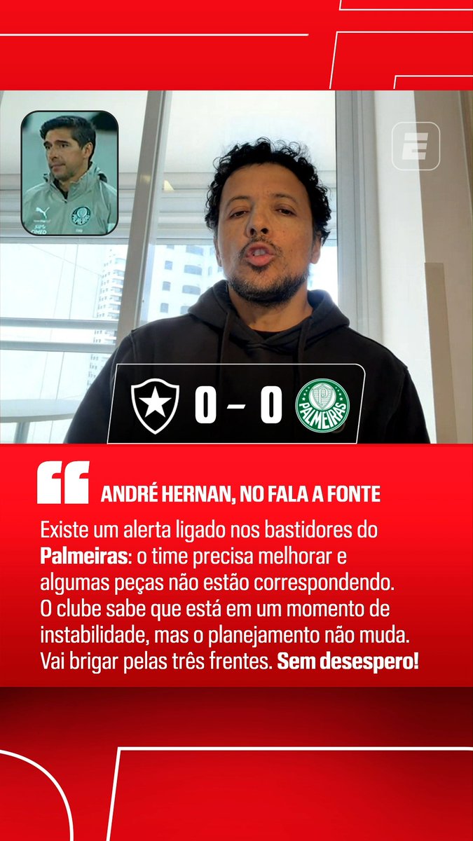 O Palmeiras perdeu a liderança do Campeonato Brasileiro para o Flamengo no último domingo, ao empatar por 0 a 0 com o Botafogo. O planejamento, no entanto, apesar de todas as críticas, segue igual. No Fala a Fonte desta segunda-feira, André Hernan falou sobre os bastidores do clube. 👉 Saiba TUDO sobre o mercado da bola no Fala a Fonte, ao vivo, de segunda a sexta, no YouTube da ESPN Brasil! #FalaFonte