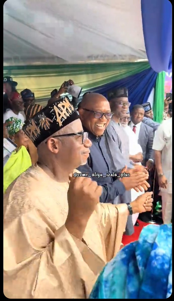 Between NDC Presidential Candidate, Mr Peter Obi, Oyo State Governor, Seyi Makinde, and Bauchi State Governor, Bala Mohammed during the APM presidential inauguration today.
