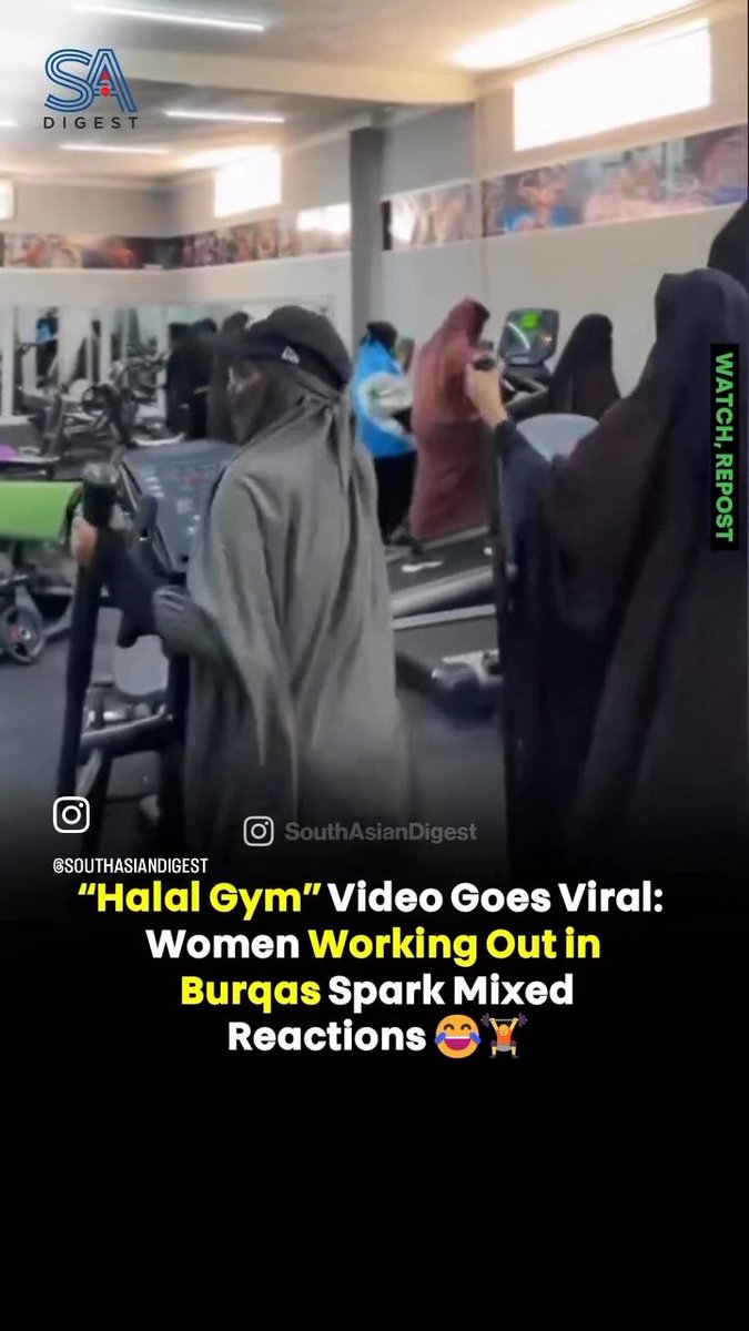 Halal Gym just opened. All women. Full hijab. Faces covered. Loose trash bags worn. Working out like the camera is a moral police officer. Step 1: no dogs. Step 2: no bacon. Step 3: gyms and salons get split men/women and stamped “halal.” That’s how they takeover ! Would you go to such a “halal gym” !?
