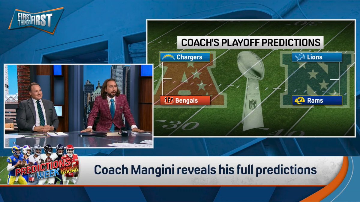 Coach Mangini breaks down his picks for MVP, Conference Championships, and the Super Bowl 👀 “I’m going Chargers-Bengals in the AFC Championship game… Bengals have the MVP of the league. He’s playing at an MVP level.”
