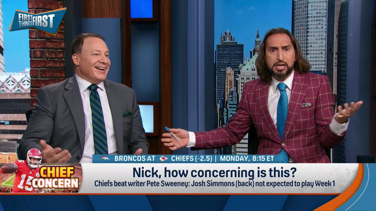 Chiefs beat writer Pete Sweeney: Josh Simmons (back) not expected to play Week 1. nick wright reacts: “If Josh Simmons is out, then…I don’t care at all about Mahomes’ stats in the game… If he misses the next practice they have, it’s a significant concern.”