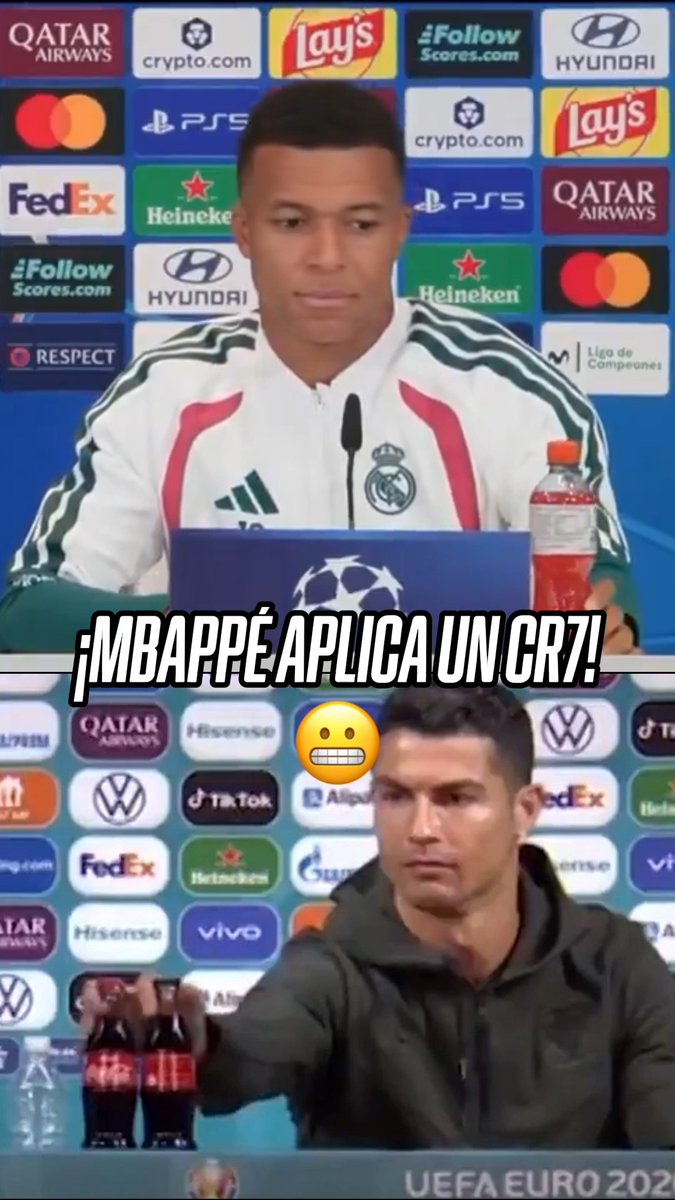 ¡NO LE GUSTÓ! 😳 👀 Kylian Mbappé quitó la botella de uno de los patrocinadores de la Champions League, durante su conferencia de prensa. Nos hizo recordar a CR7 durante la Eurocopa. 😅