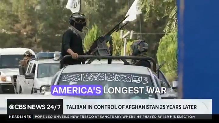 CBS just walked the streets of Kabul 25 years after 9/11. What they see: Taliban fighters in American Humvees with American rifles dressed in American commando gear. There’s even a Green Bay Packers sticker still on one of the Humvees Biden left behind. And yet, CBS's Imtiaz Tyab claims, "President Trump has bitterly criticized the Biden administration for what he says is abandoning billions of dollars of military hardware like this."