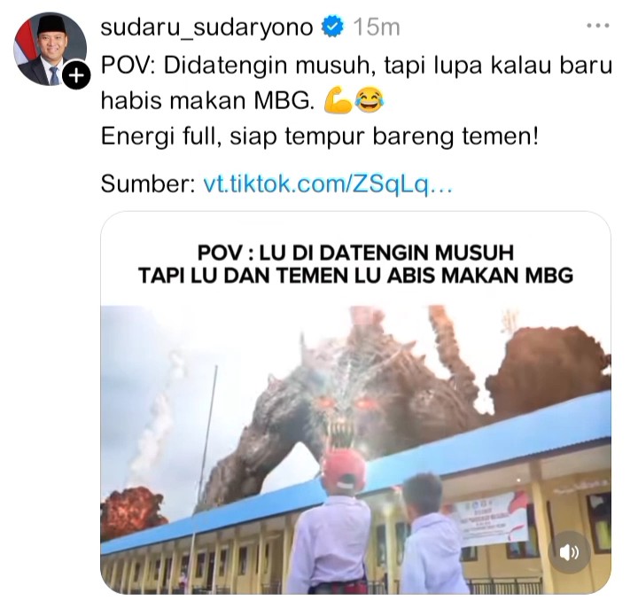miris banget, akun kepala BGN bikin konten kayak gini. sementara fakta lapangannya kira-kira udah 42 ribu anak tempur sama racun di tubuhnya karena MBG.