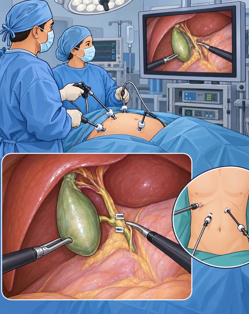 Laparoscopic Cholecystectomy Laparoscopic cholecystectomy is a minimally invasive operation to remove the gallbladder, most commonly for symptomatic gallstones or acute/chronic cholecystitis. The abdomen is first inflated with carbon dioxide (pneumoperitoneum) to create working space. Usually 3–4 small ports are inserted, including a camera port. The gallbladder is retracted to expose Calot’s triangle. The surgeon carefully identifies the cystic duct and cystic artery and confirms the Critical View of Safety before dividing anything. The cystic duct and artery are then clipped and divided. The gallbladder is dissected away from the liver bed using electrocautery, placed in a retrieval bag, and removed through one of the ports. The operative field is checked for bleeding or bile leakage, the instruments are withdrawn, the carbon dioxide is released, and the small incisions are closed. ⚠️ Important complications include bile duct injury, bleeding, bile leak, infection, retained stones, and injury to surrounding structures. Small incisions—but the most important part of the operation is knowing exactly what you are clipping before you cut.