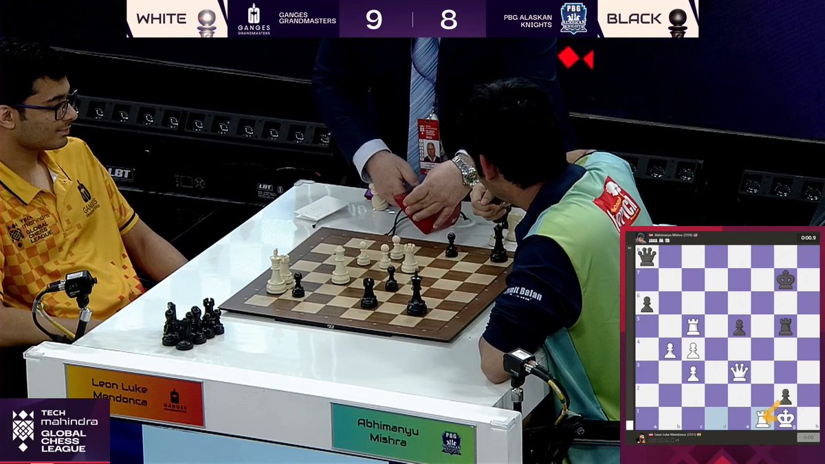 A crazy finish, as after an illegal move Mishra is given 1 second in which to try and queen a pawn (in a winning position) to win the match — he fails, and his team loses! #TechMGCL #BeyondTheMove