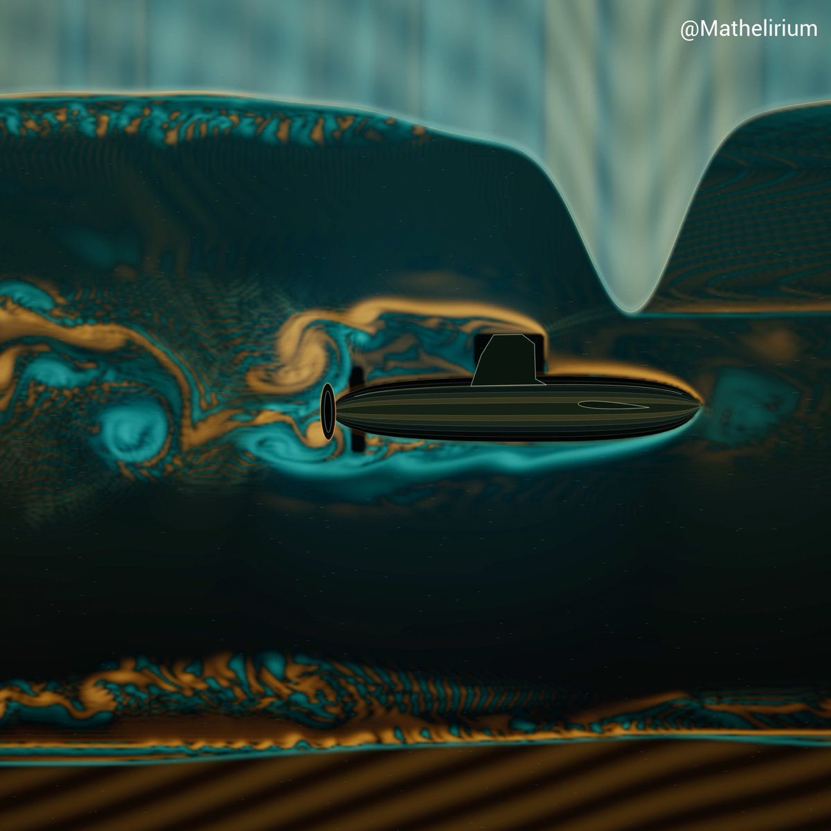 Submarine moving beneath sea ice sends pressure through the water and bends the frozen ceiling above it. The Mathematics of fluid-flow, elasticity and flexural-gravity bring this scene to life.