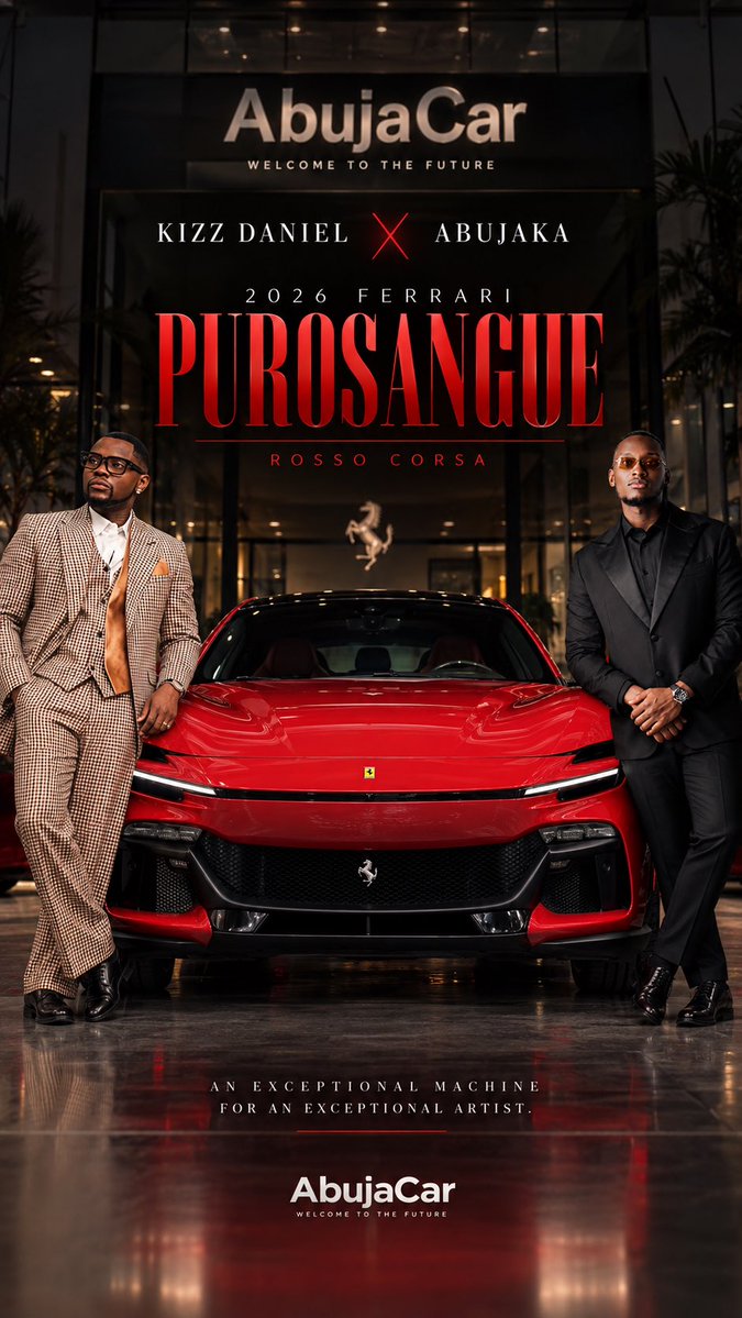 CONGRATULATIONS, @KIZZDANIEL, ON THE ACQUISITION OF YOUR BRAND NEW 2026 FERRARI PUROSANGUE, VALUED AT ₦1.6 BILLION. 🏎️ AN EXCEPTIONAL MACHINE FOR AN EXCEPTIONAL ARTIST. A NEW CHAPTER IN AUTOMOTIVE EXCELLENCE. WELCOME TO THE FUTURE. #AbujaCar