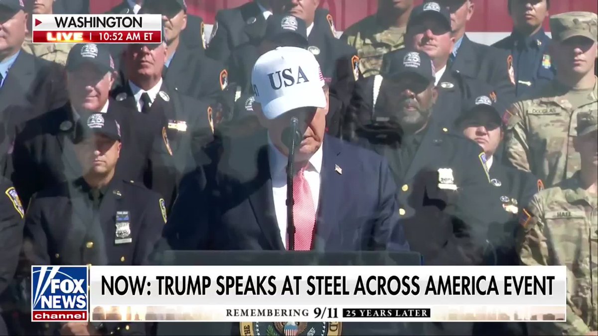 NOW: President Trump honors the victims of 9/11 at the White House 'Steel Across America' event alongside a 21-foot steel beam recovered from the World Trade Center’s South Tower. Trump reaffirmed the nation's sacred vow to honor the nearly 3,000 lives lost in the terror attacks at the World Trade Center, the Pentagon, and Flight 93. "On 9/11, nearly 3,000 precious souls were stolen from us, killed by evil terrorists at the World Trade Center, the Pentagon, and on flight 93.” “All of these years later, we gather on another Tuesday morning in September to reaffirm the sacred vow we made a quarter of a century ago. We will never forget.”