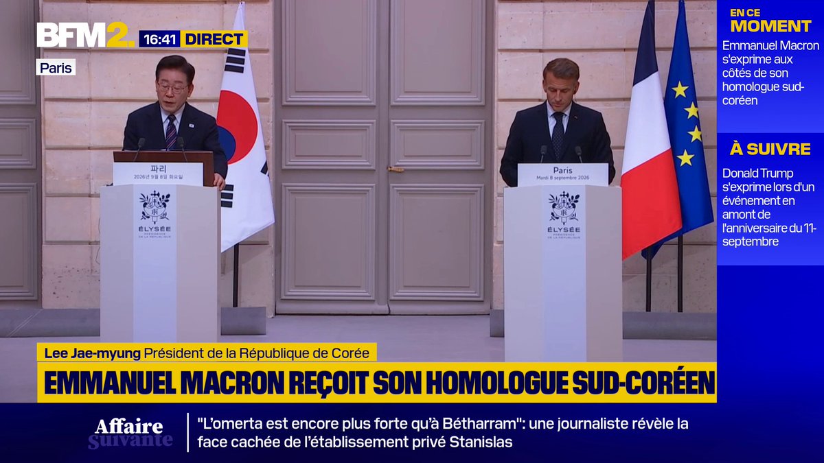 Intelligence artificielle, semi-conducteurs et quantique: "Nous venons de signer un protocole d'entente qui définit les modalités d'ne coopération concrète", annonce Lee Jae-myung, Président de la République de Corée, qui effectue une visite d'État en France #BFM2