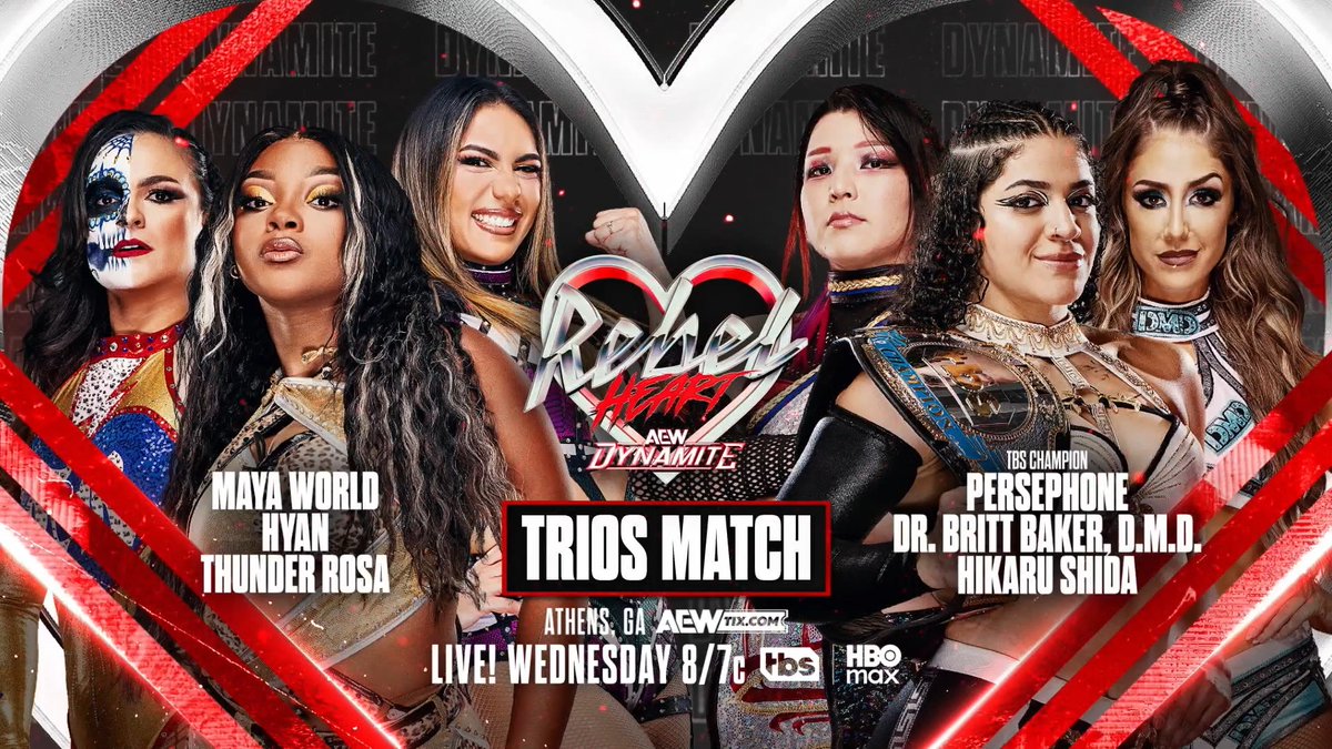 Rebel Heart #AEWDynamite – 8/7c TBS &amp; HBO Max, TOMORROW! maya world/HYAN ハイアン/@ThunderRosa22 vs Persephone/Dr. Britt Baker, D.M.D./@ShidaHikaru Maya &amp; Thunder ran off the TBS Champ &amp; DMD after Persephone’s win Saturday! Now each side will add a partner for a trios fight TOMORROW NIGHT!