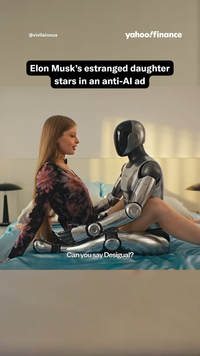 She’s not holding back on her family’s tech — or the industry built around it. Vivian Wilson, Elon Musk’s estranged daughter, stars in Desigual’s “Born to Disobey” campaign, using a malfunctioning, Tesla-like robot to take aim at AI. Wilson has been outspoken about the technology, arguing it threatens creative jobs and the environment. Do you agree?
