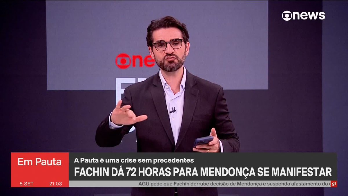Fachin dá 72h para Mendonça se manifestar sobre pedido da AGU pela suspensão do afastamento do diretor da PF. ➡️ #EmPauta – de segunda a sexta, às 20h, na #GloboNews