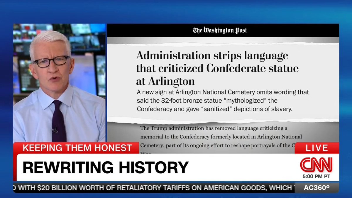 The Washington Post says the Trump Administration has stripped language criticizing a removed statue at Arlington National Cemetery for glorifying the Confederacy, even as it promises to bring the memorial back. We're Keeping Them Honest.