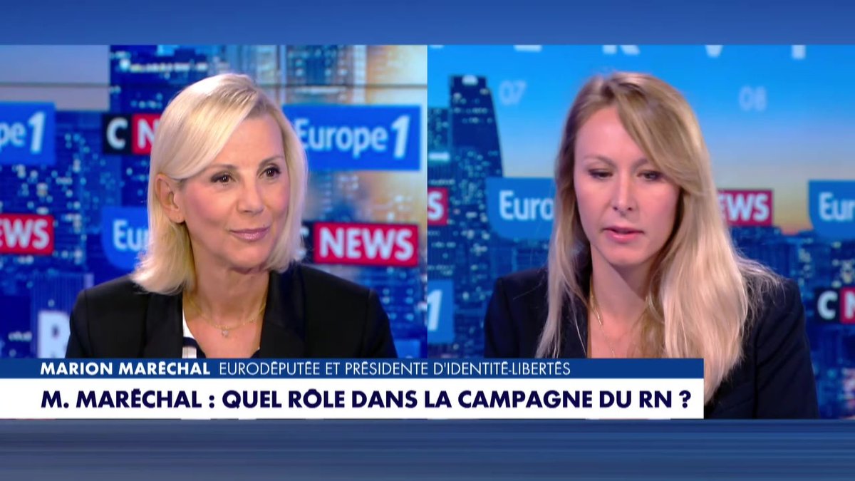" Unis, rien ne pourra nous arrêter ; J. Bardella le sait, M. Le Pen le sait, je le sais : rien ne serait pire que la division et personne n'a l'intention de nuire à la campagne de M. Le Pen." rassure Marion Maréchal #LaGrandeInterview #Europe1