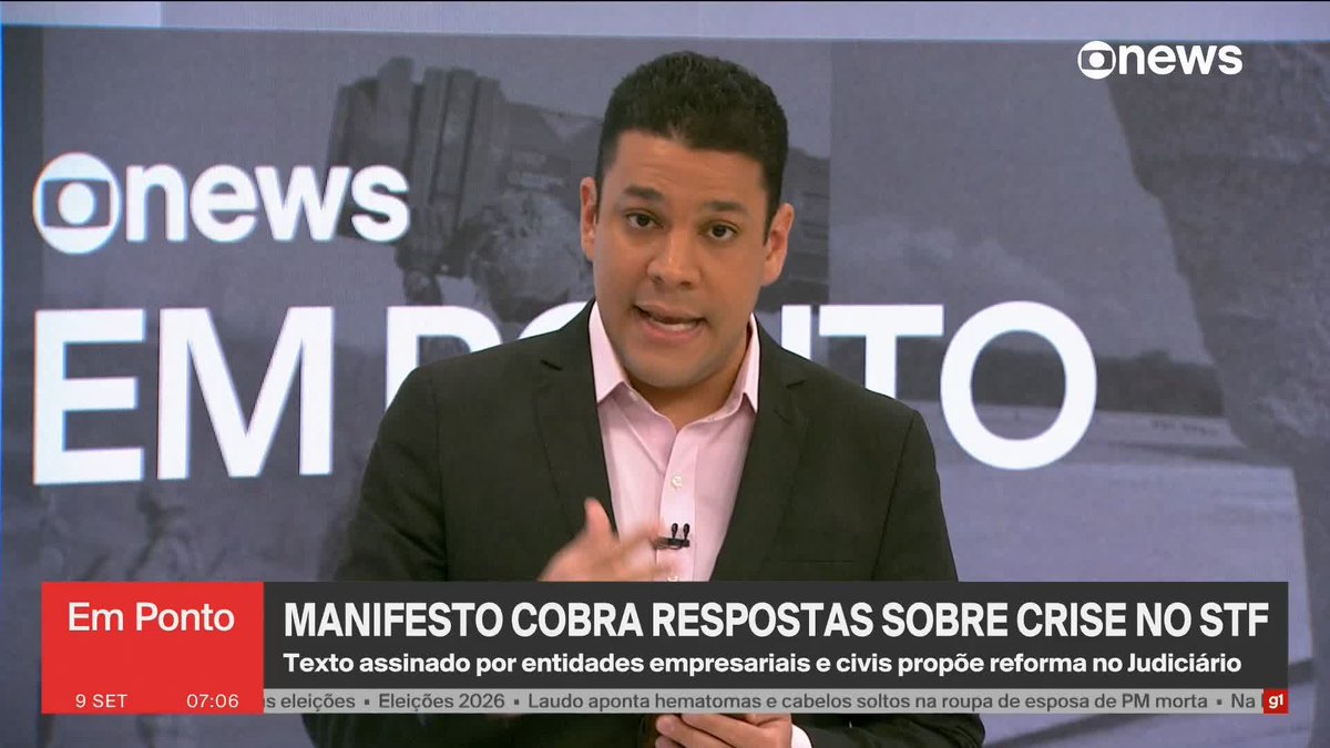 Outro manifesto, publicado nesta quarta-feira (9) e intitulado “Pela Lei e pelo Brasil”, reúne assinaturas de representantes da sociedade civil, como o apresentador Luciano Huck, e cobra respostas do STF diante da crise na Corte. ️➡️#GloboNewsEmPonto de segunda a sexta, às 06h30, na #GloboNews