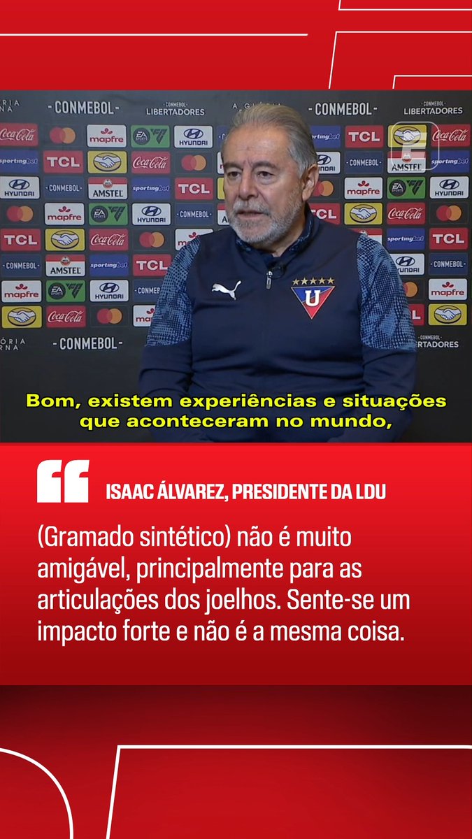 Isaac Álvarez, presidente da LDU, critica gramado sintético antes de jogo contra o Palmeiras no Nubank Parque: "Não é muito amigável, principalmente para as articulações dos joelhos. Sente-se um impacto muito mais forte e não é a mesma coisa. Por mais que seja um sintético, é um sintético rígido, não é um gramado natural." 🎥 ESPN Brasil | SportsCenter Brasil