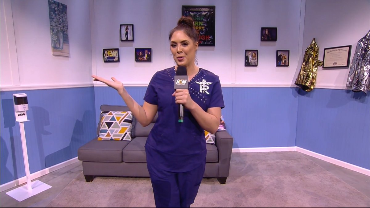 Tonight on Rebel Heart #AEWDynamite, REBEL and Dr. Britt Baker, D.M.D. are bringing back The Waiting Room! Throwback to the very first Waiting Room, where Rebel (NOT Reba) nailed the intro for Doctor Britt Baker, D.M.D.! Rebel Heart Dynamite is LIVE TONIGHT on TBS &amp; HBO Max!