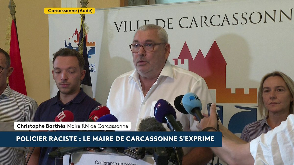 🔴Propos discriminatoires d'un policier municipal de Carcassonne : "Il ne s'agit pas du chef de la police municipale (...) mais d'un policier qui ne reflète en rien le travail exemplaire des autres policiers", affirme le maire RN de la ville. #canal16