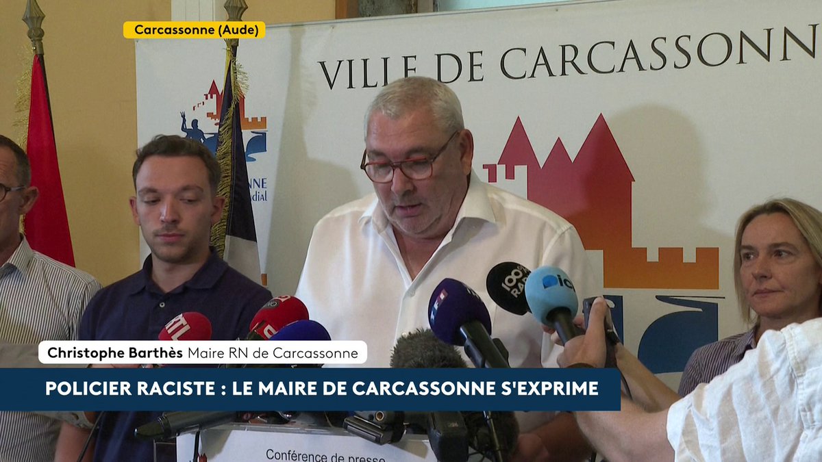 🔴 "Tous les protagonistes de cette affaire sont suspendus immédiatement et sanctionnés", déclare Christophe Barthès, maire RN de Carcassonne. "Cette vidéo remonte à 8 mois, [le RN] n'était pas aux responsabilités à Carcassonne", ajoute-t-il. #canal16
