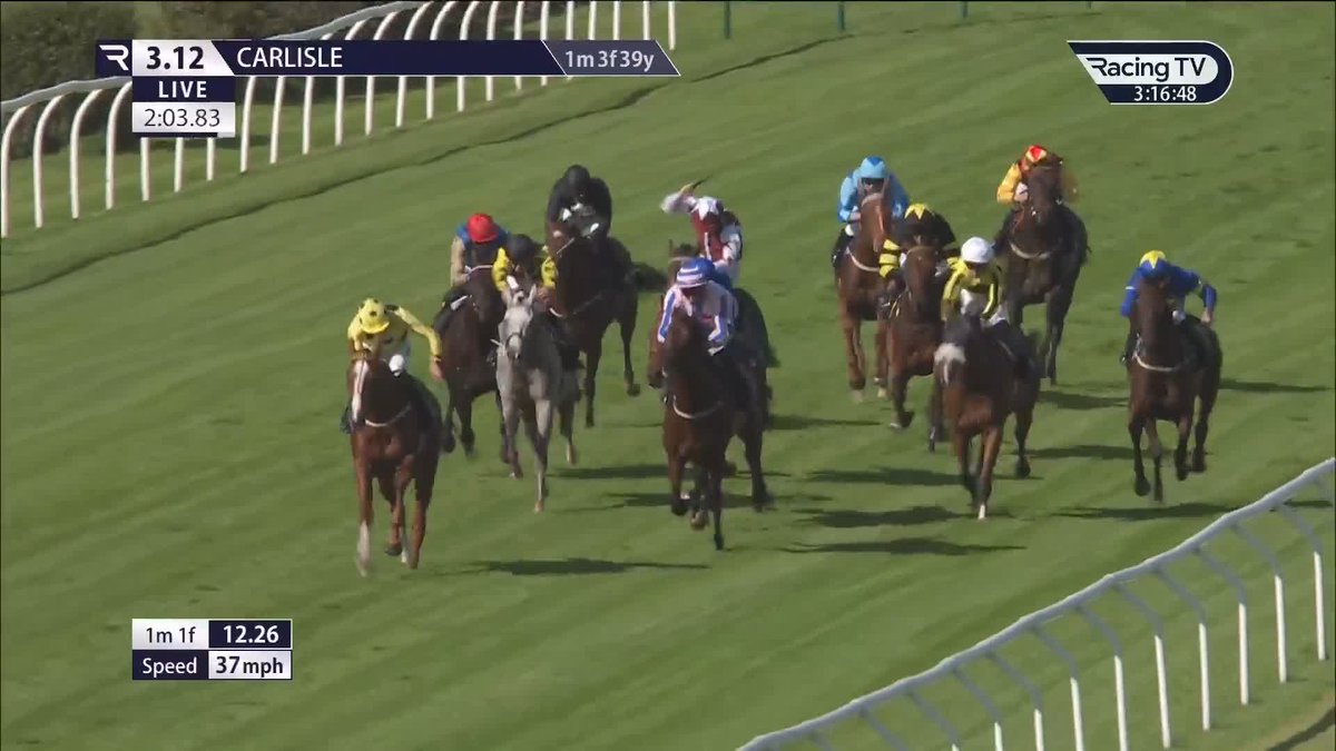Wow! 😮 A half-sister to Inisherin, Harper Violet (Lope De Vega) strides clear under Clifford Lee to make it third time lucky for Karl Burke in the LPD Maiden Stakes Carlisle Racecourse 🟡⚫️