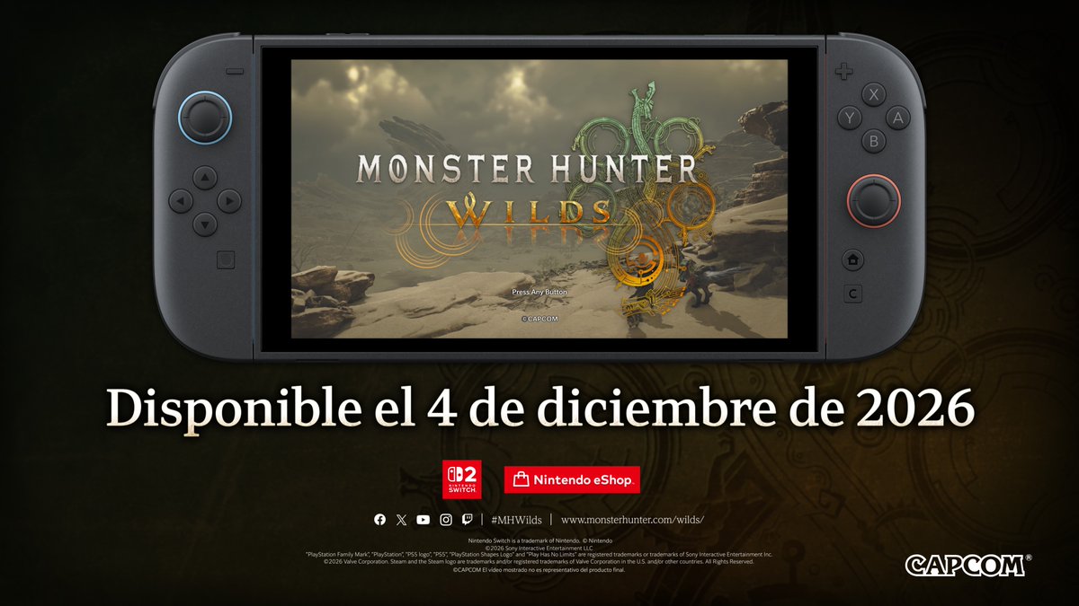 ¡Únete a la cacería, vayas donde vayas! #MHWilds llega a Nintendo Switch 2 el 4 de diciembre. 🌐 Juego local inalámbrico 🤝 Juego cruzado ➕ Todas las actualiz. gratuitas ¡Prepárate para rango Maestro y la expansión #Ascendance, que también llega a Nintendo Switch 2 en 2027!