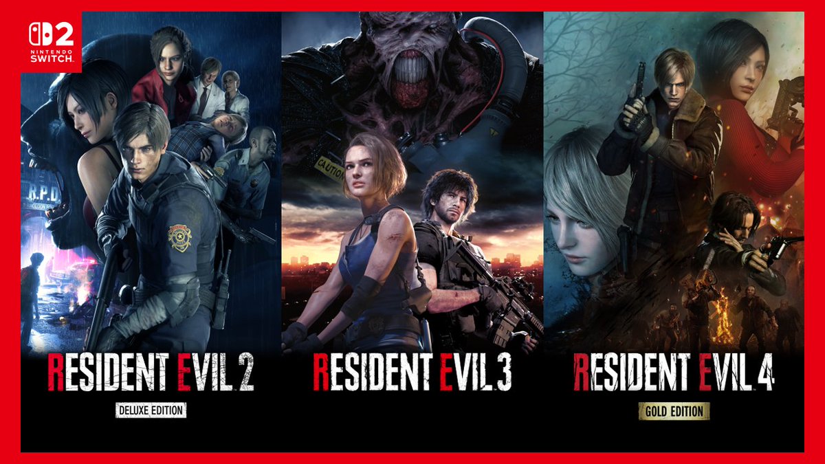 Relive the fear as these Resident Evil remakes rise up on #NintendoSwitch2 on October 16th. 🌿 Resident Evil 2 Deluxe Edition 🌿 Resident Evil 3 🌿 Resident Evil 4 Gold Edition