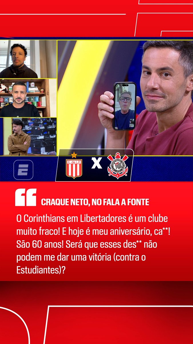 "O Corinthians em Libertadores é um clube muito fraco! E hoje é meu aniversário, cacete! São 60 anos! Será que esses desgraçados não podem me dar uma vitória hoje?" 🎙️ Neto. 🎥 ESPN Brasil | SportsCenter Brasil
