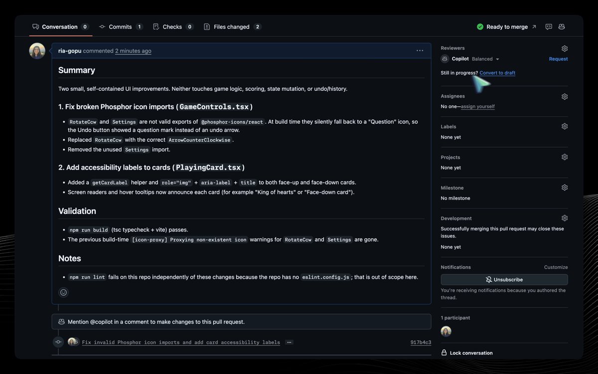 84% of a PR’s open-to-merge lifecycle is spent waiting for approval. Once it gets the green light, it takes a median of 10 minutes to merge. Instead of waiting for someone to sign off, you can now get an approval as soon as Copilot reviews your pull request.