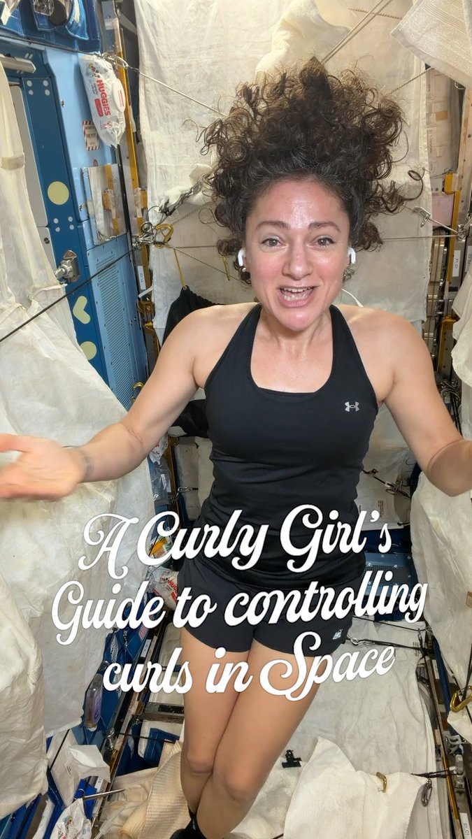 Curly-haired crew, this one’s for you! 🌀🚀👩🏻🦱 Join me in my temporary home on the International Space Station, where curls are even more free to be what they want to be. Ever wonder how I care for my curls in space?…where my Earthly 3a curls become more like 3c, my hair finds every piece of velcro it can, and I STILL don’t need a brush! There are definitely some major pros to my space hair, like not having to put it up when I work out. 💪 I’m looking forward to an Earth shower when I get back, though. 🚿🌎