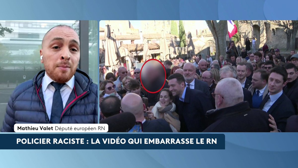 🔴 🗣️ Propos racistes d'un policier : l'agent, en arrêt maladie, a assuré un déplacement de Jordan Bardella à Carcassonne. "On ne peut pas nous taxer de connaître des éléments couverts par le secret médical", répond le député européen RN Matthieu Valet #AvantLe20h #canal16