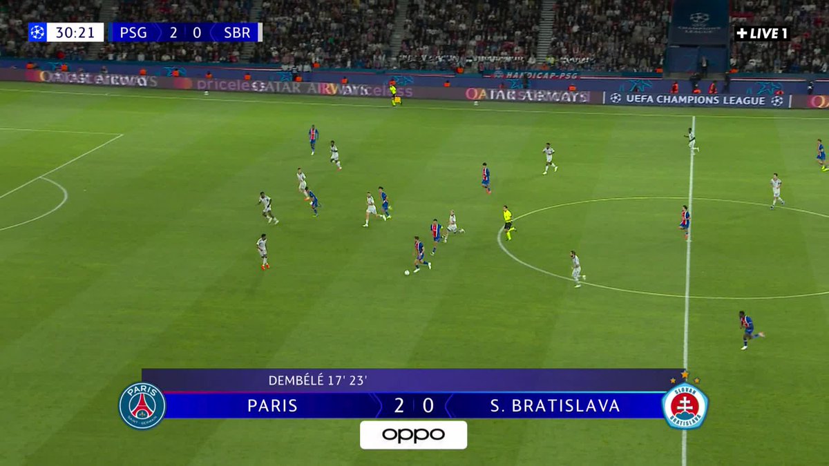 Ousmane Dembélé buteur ✅ Ousmane Dembélé passeur ✅ Le PSG mène 3-0 après 30 minutes face au Slovan Bratislava 🥵 #PSGSBR | #UCL