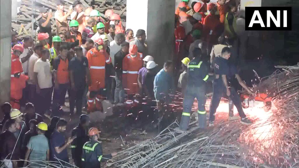 #WATCH | Gandhinagar, Gujarat: Rescue operations are underway after a portion of the under-construction Bosky The Empire Commercial Mall collapsed. (Visuals from the Kudasan area)