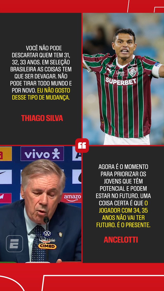 Carlo Ancelotti répond aux propos de Thiago Silva qui soutenait que des joueurs de 31, 32 ou 33 ans ne devaient pas être écartés de la sélection à cause de leur âge. 🇧🇷 🗣️ « Il faut prioriser les jeunes. Un joueur de 34-35 ans n’a pas d’avenir en sélection. »